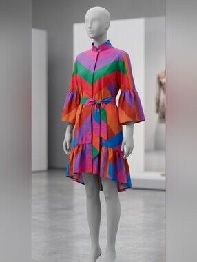 FARM Rio Chevron High-Low Belted Dress in Pink, Green & Orange